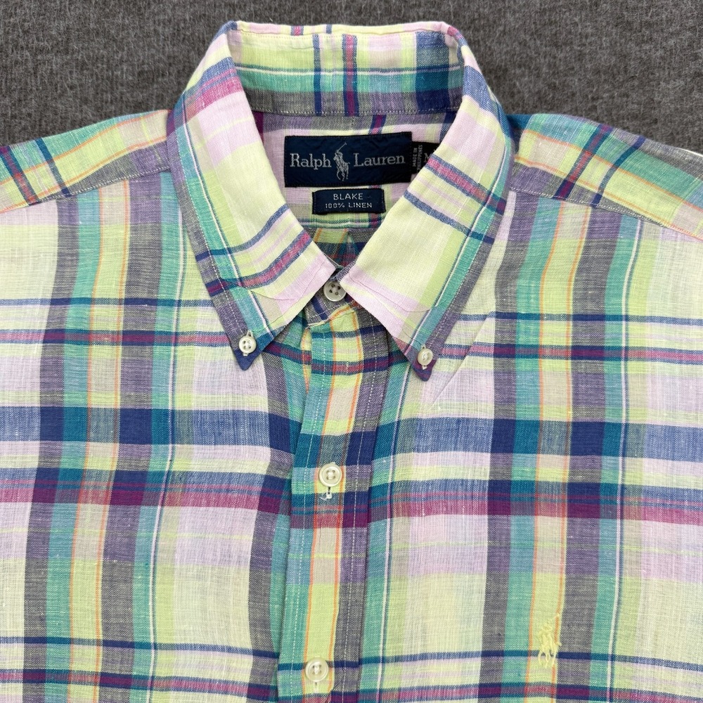 Vintage Ralph Lauren Blake Linen Shirt Mens Medium Multi Plaid Short Sleeve - Picture 4 of 10